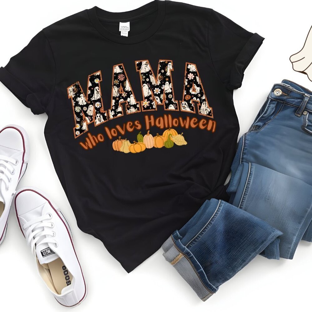 MAMA Who Loves Halloween Fall Holiday Softstyle Shirt - Gildan Black Various Szs